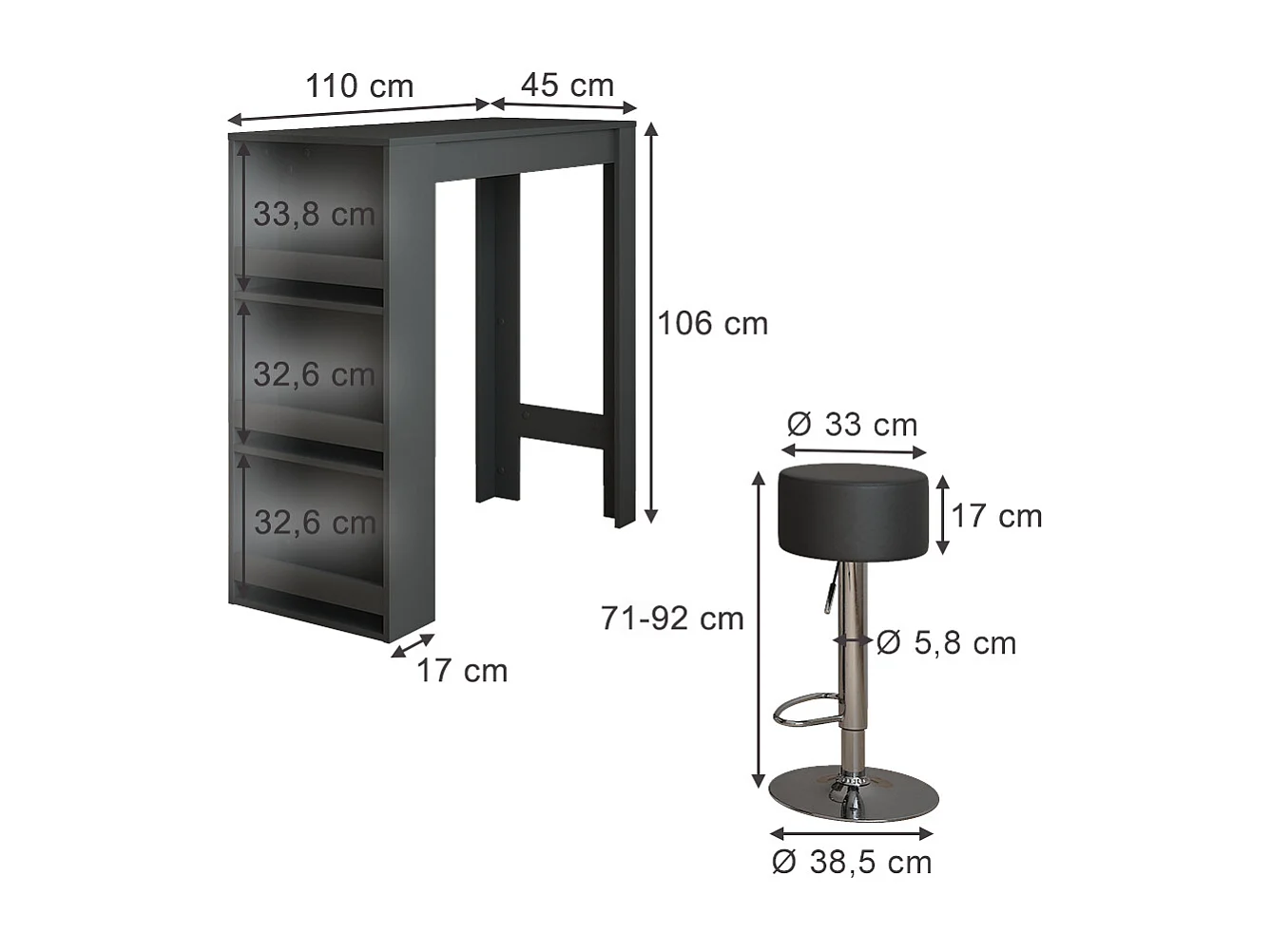Set de table de bar anthracite 45x110x106 repose