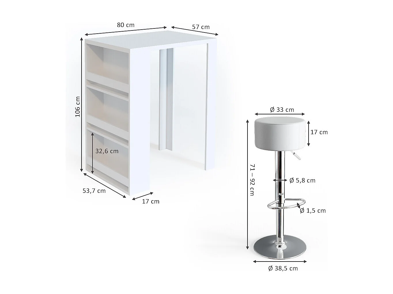 Set de mesa de bar blanco 57x80x106
