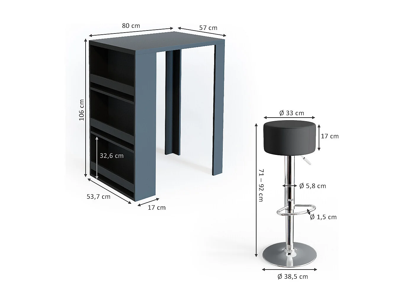 Set de table de bar anthracite 57x80x106