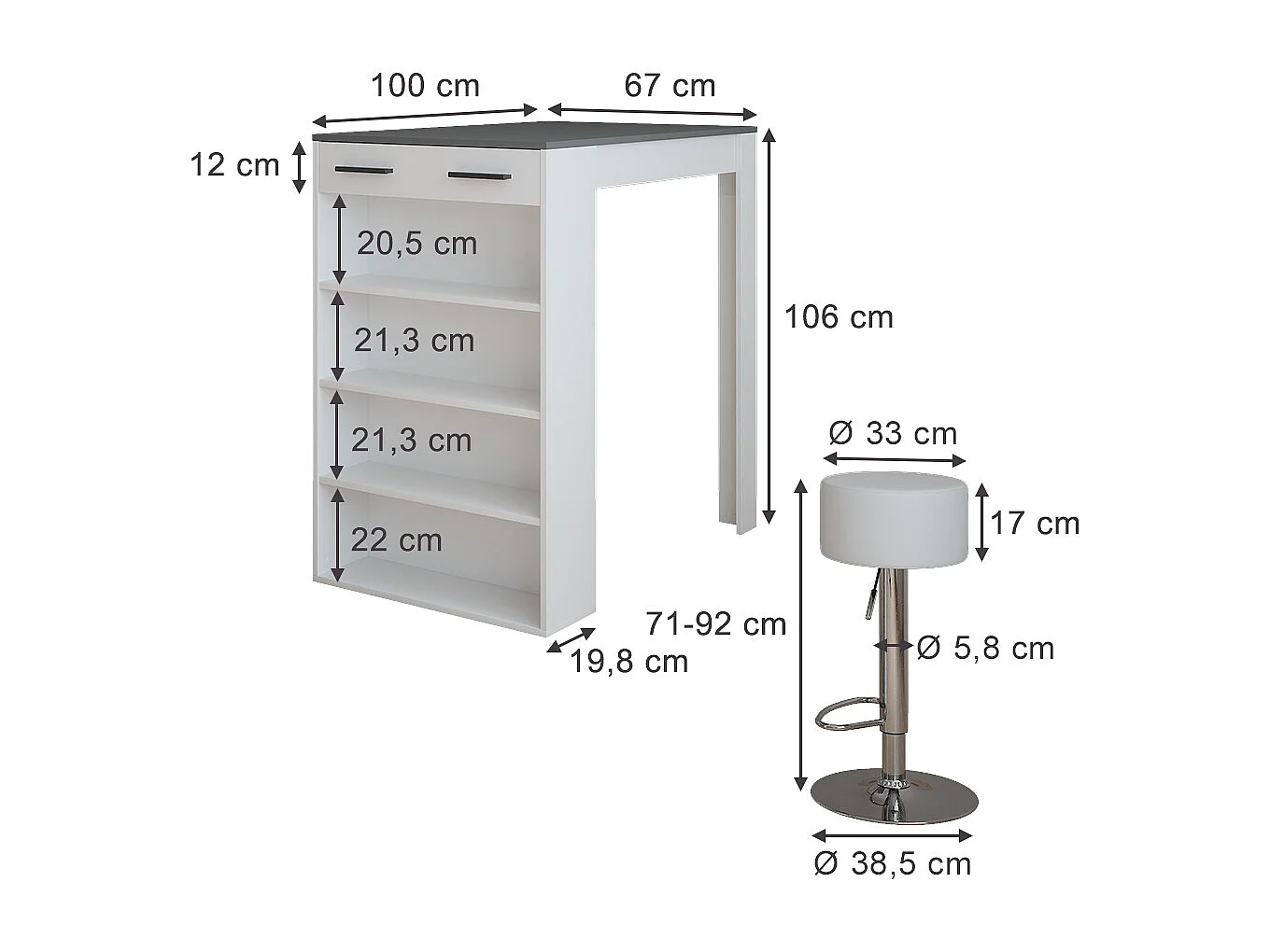 Bar table set white/anthracite 67x100x106 repose