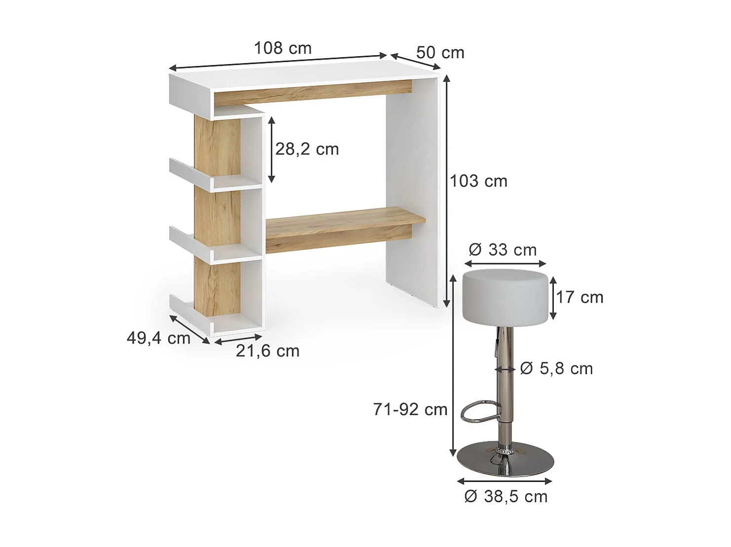 Set de table de bar chêne blanc/force de lor 108x50x103 dana