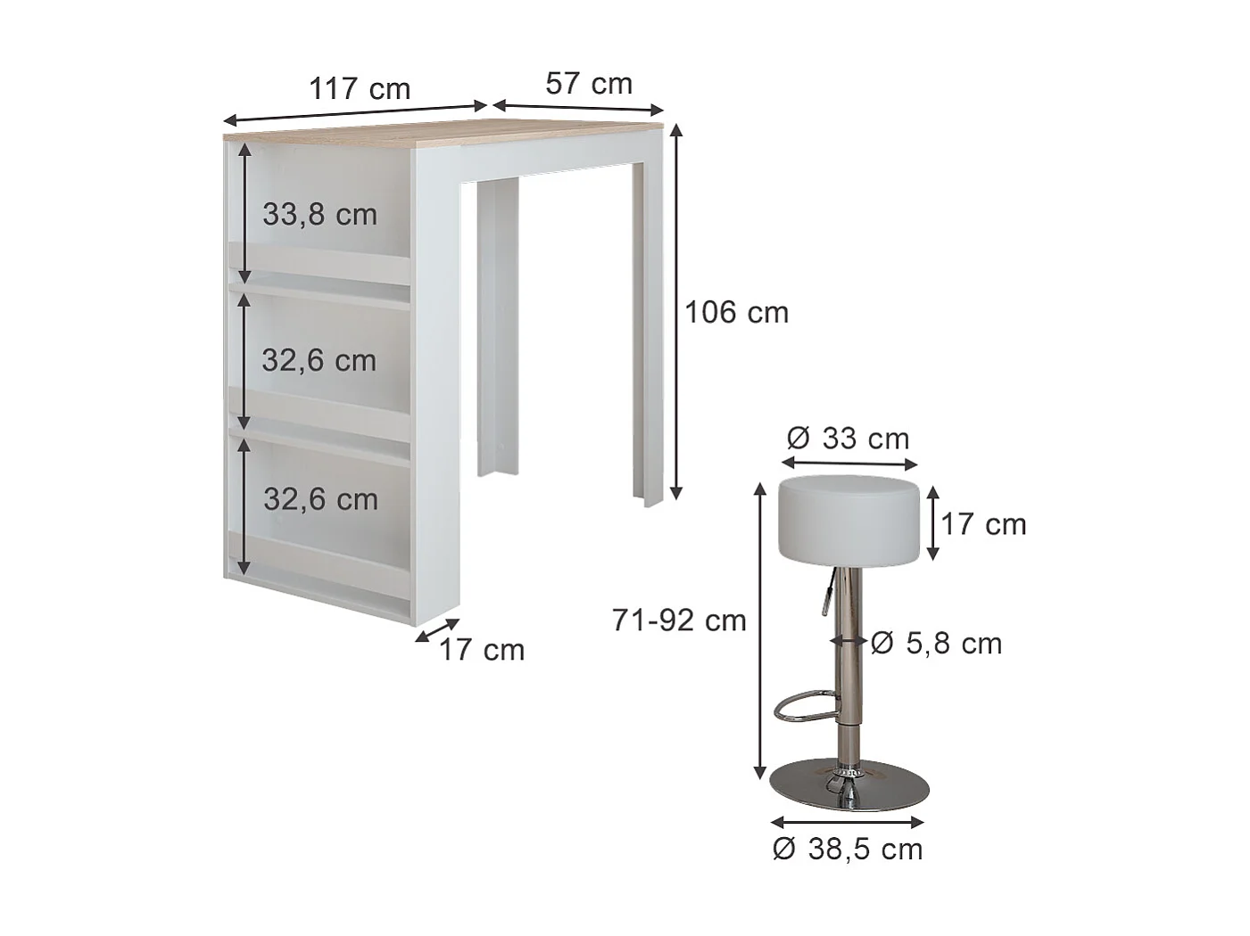 Bar table set white/sonoma 57x117x106 repose