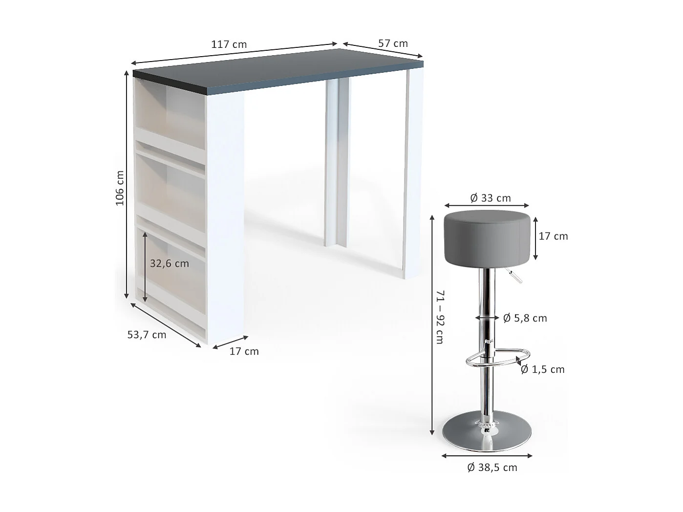 Set de table de bar blanc/gris 57x117x106