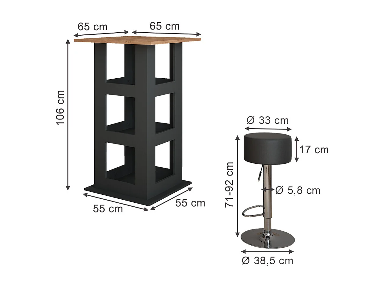 Set de table de bar chêne doré/anthracite 65x65x106 repose