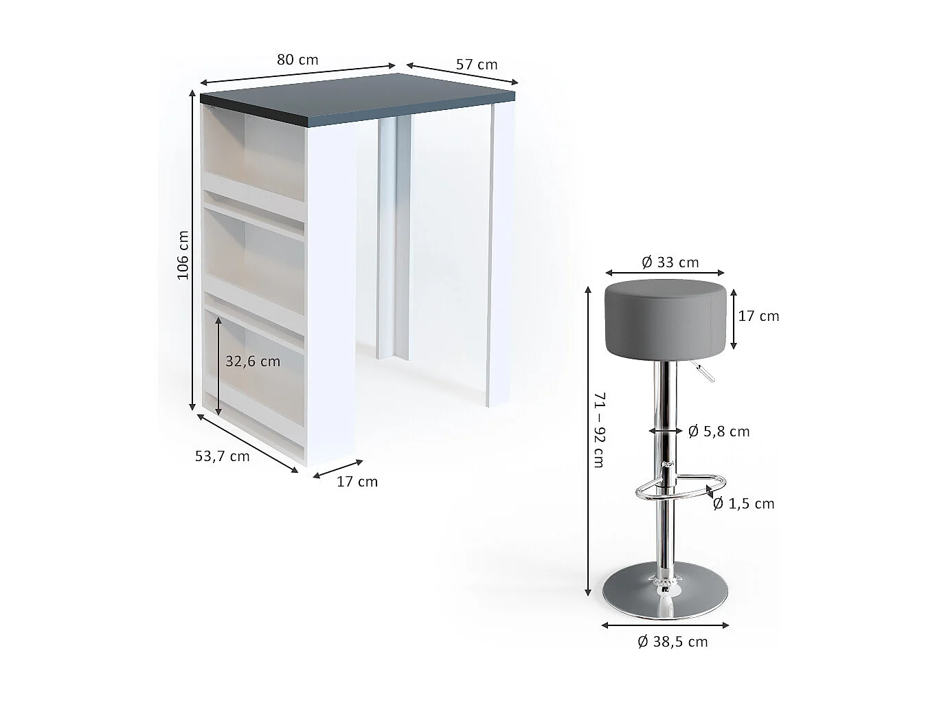 Set de table de bar anthracite/blanc 57x80x106