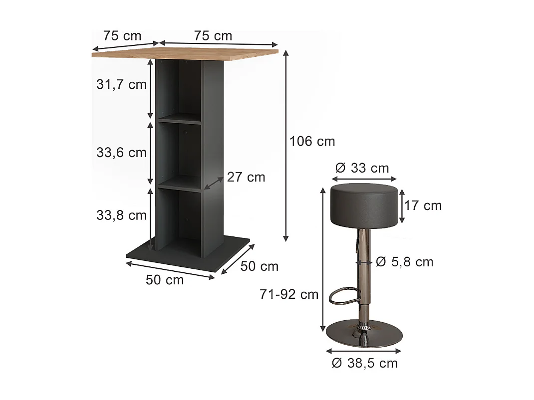 Set de table de bar chêne doré/anthracite 75x75x106 repose