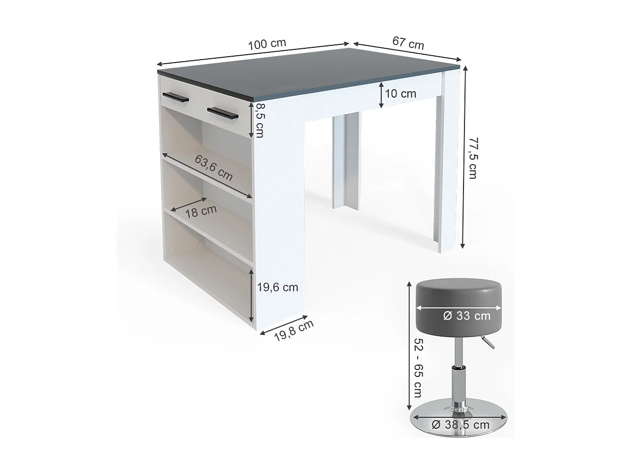 Ensemble table à manger anthracite/blanc 67x100x77.5 repose