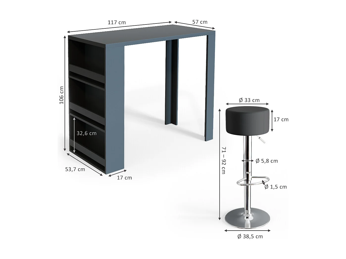 Set de table de bar anthracite 57x117x106