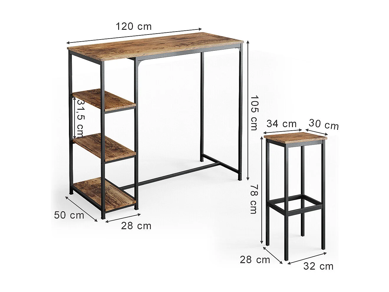 Bar table set antique wood 120x50x105 fyrk