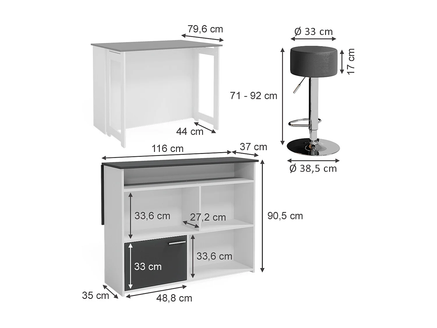 Tavolo bar con sgabelli antracite/bianco 116x37x90.5 dominic