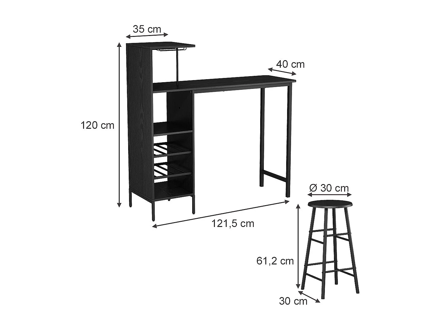 Ensemble table de bar noir 121.5x40x120 naila