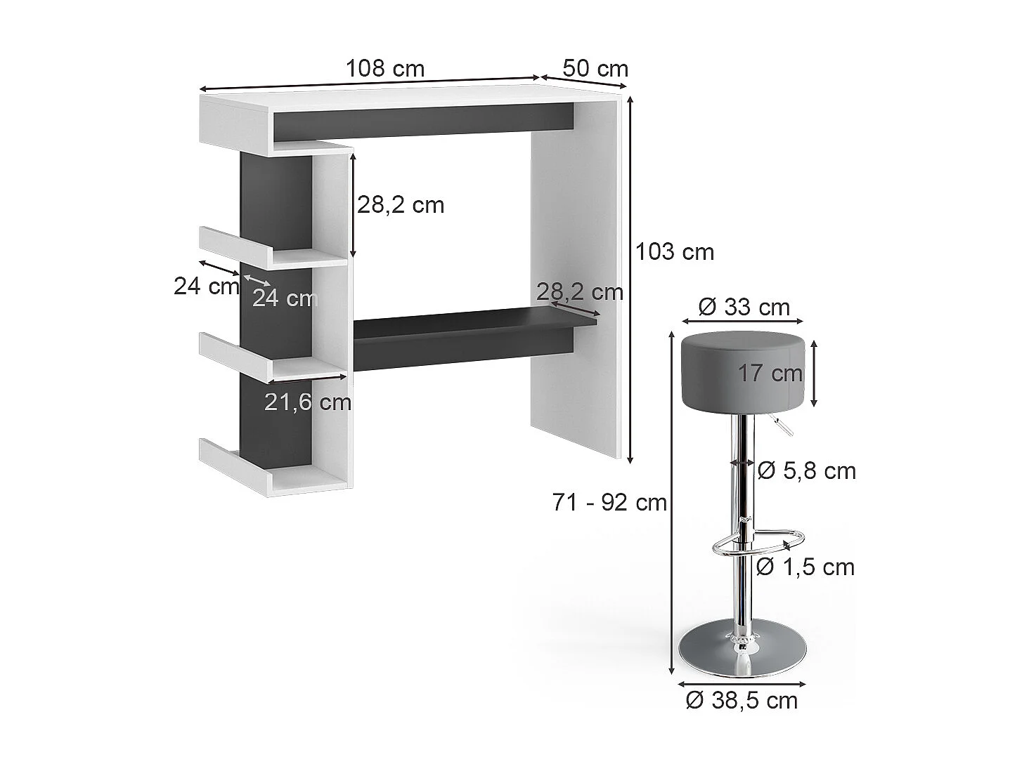 Tavolo bar con sgabelli bianco 108x50x103 dana