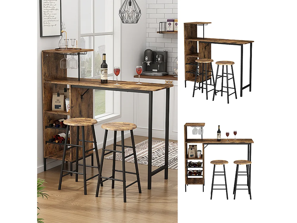 Set di tavoli da bar nero/quercia rustico 121.5x40x120 fyrk