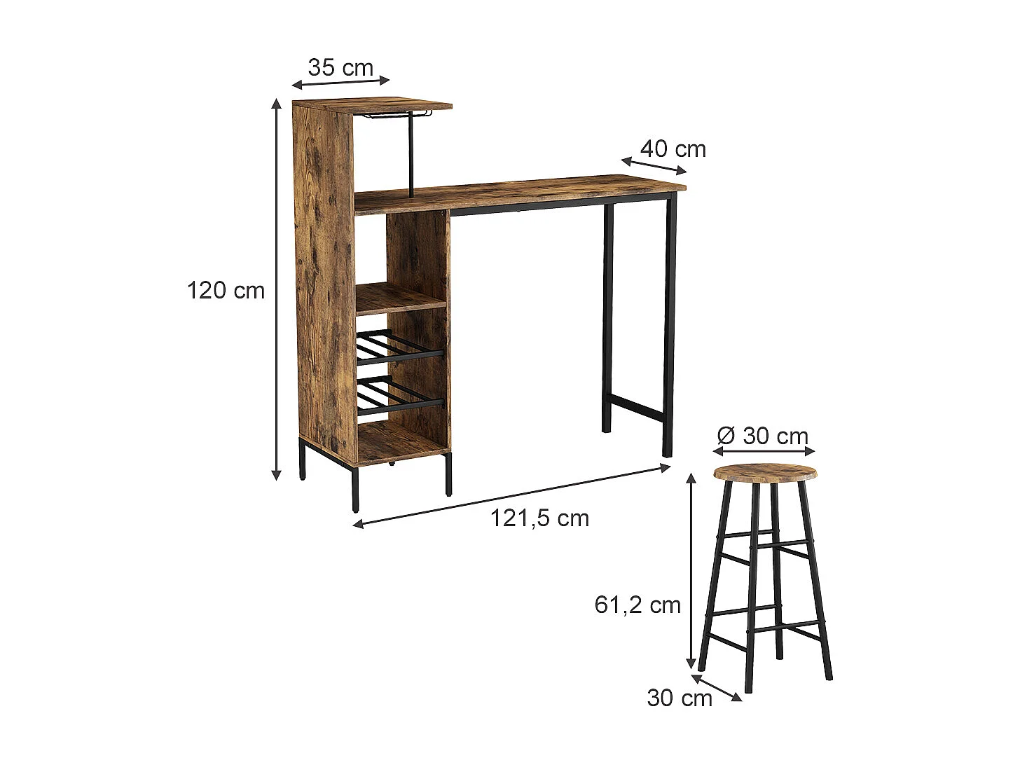 Set di tavoli da bar nero/quercia rustico 121.5x40x120 fyrk