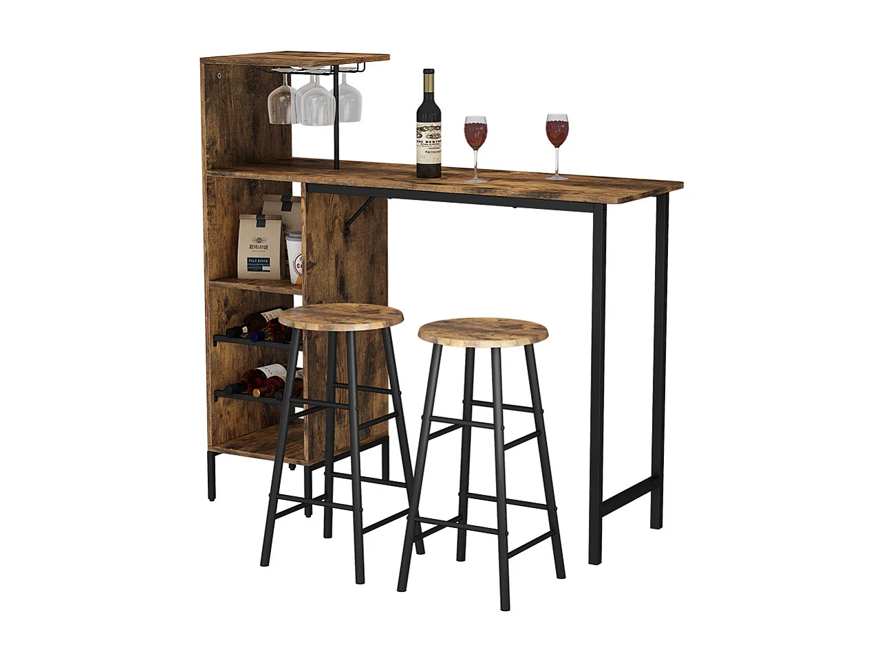 Set di tavoli da bar nero/quercia rustico 121.5x40x120 fyrk