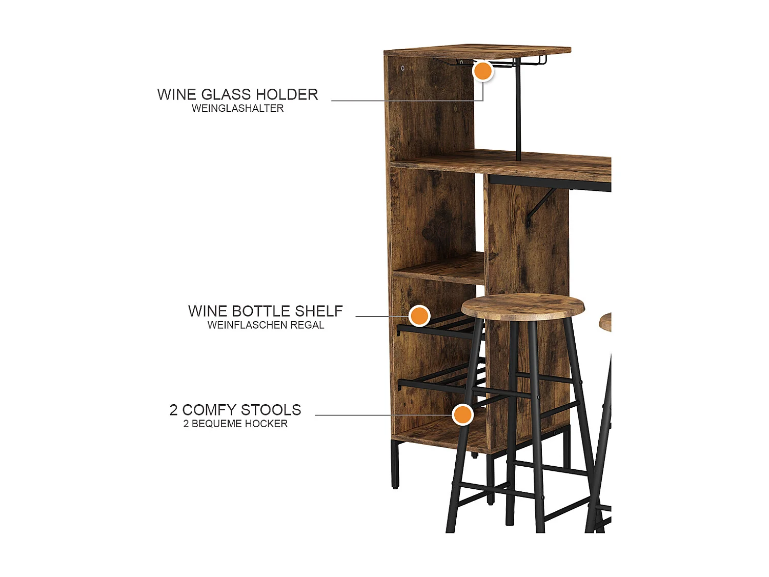 Bar table set black/oak rustic 121.5x40x120 fyrk