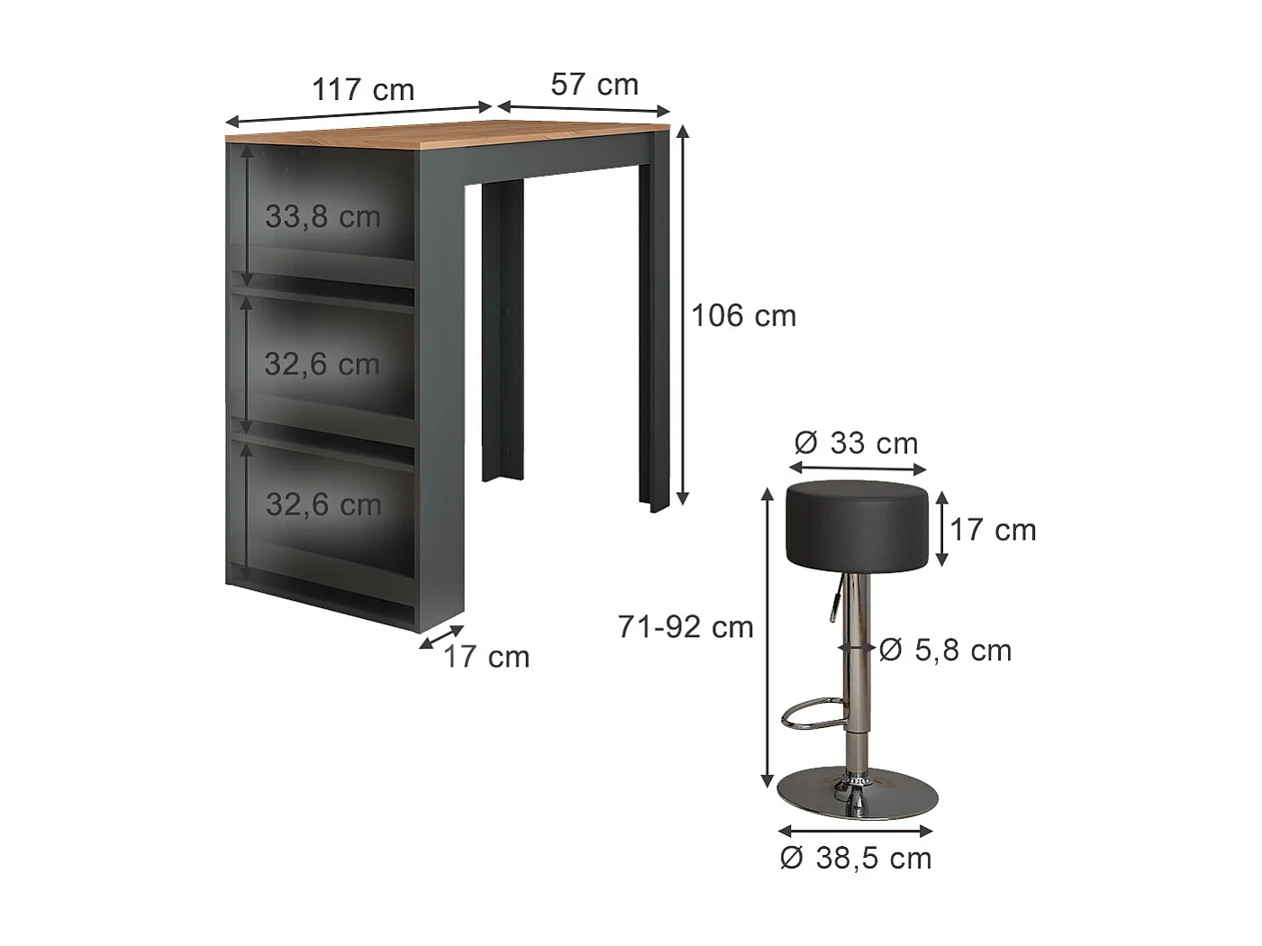 Set de table de bar chêne doré/anthracite 57x117x106 repose