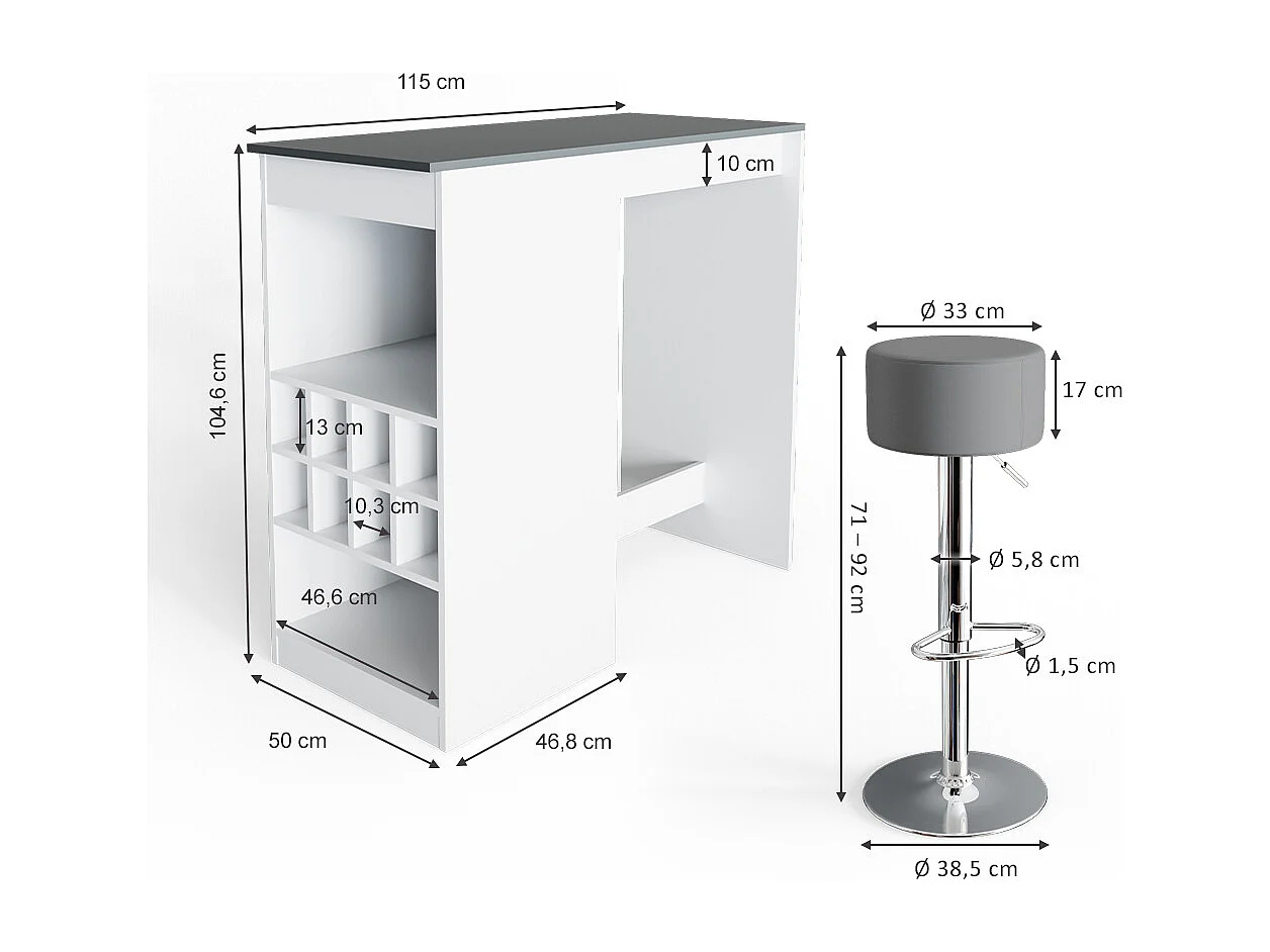 Tavolo bar con sgabelli bianco/antracite 115x50x104.6 ross
