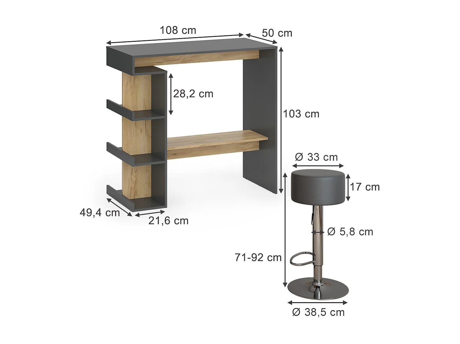 tavolo bar con sgabelli antracite/quercia dorata 108x50x103 dana