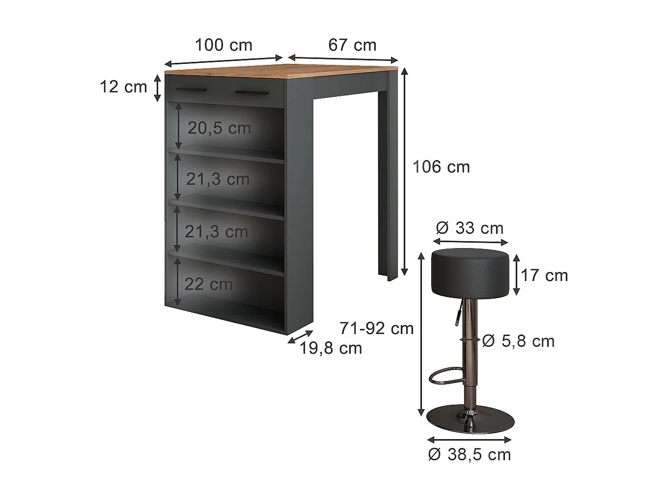tavolo bar con sgabelli quercia dorata/antracite 67x100x106 repose