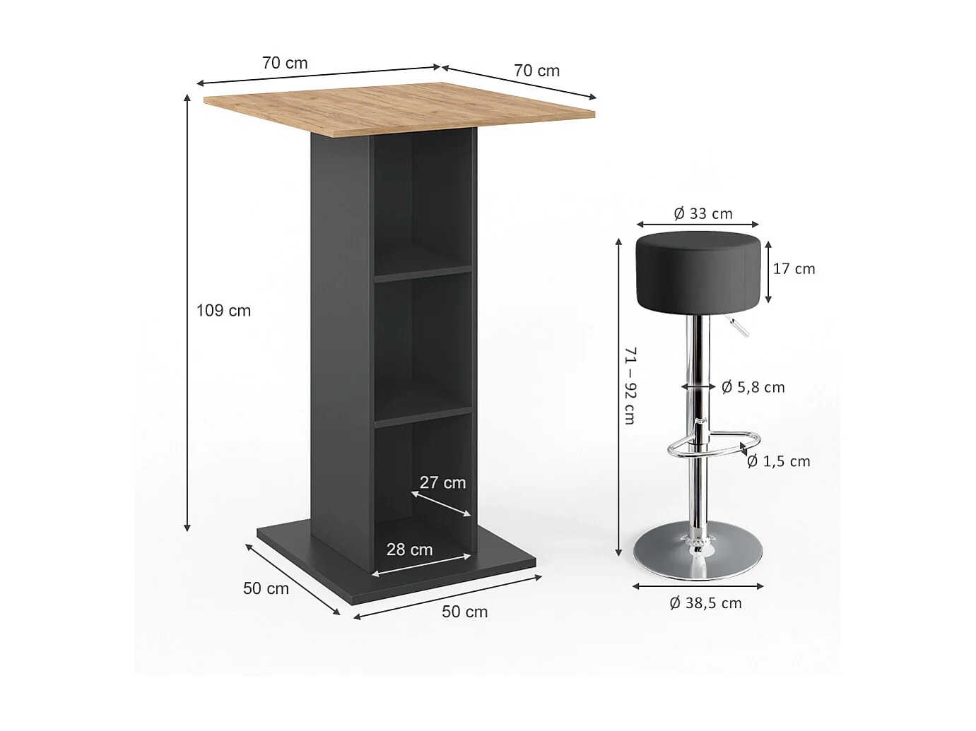 Set de table de bar anthracite 70x70x109 rodeo