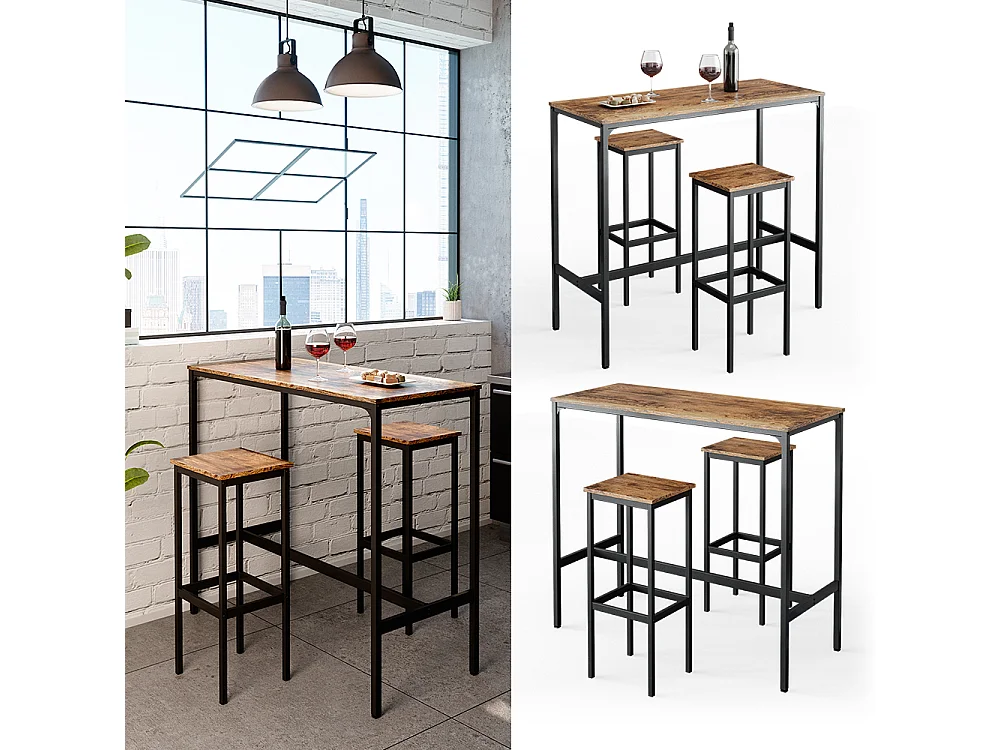 Tavolo bar con sgabelli legno antico 120x50x105 fyrk