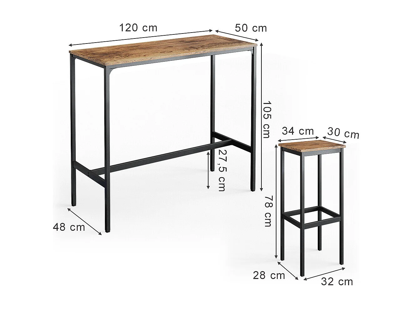 Bar table set antique wood 120x50x105 fyrk