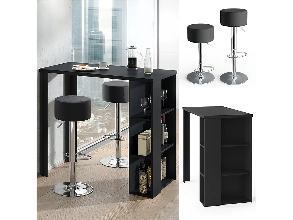 Tavolo bar con sgabelli nero 120x60x105.6 noel