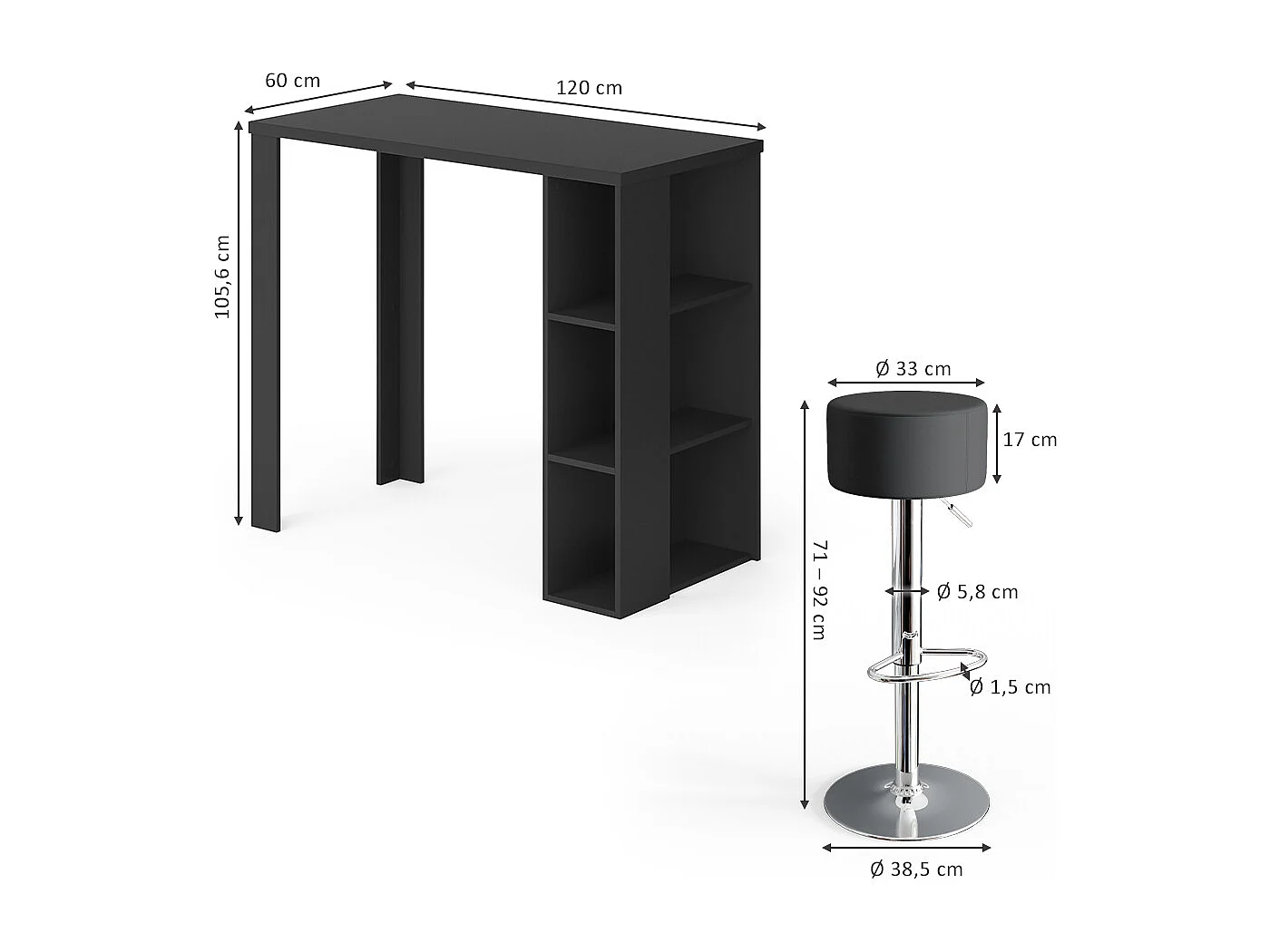 Tavolo bar con sgabelli nero 120x60x105.6 noel