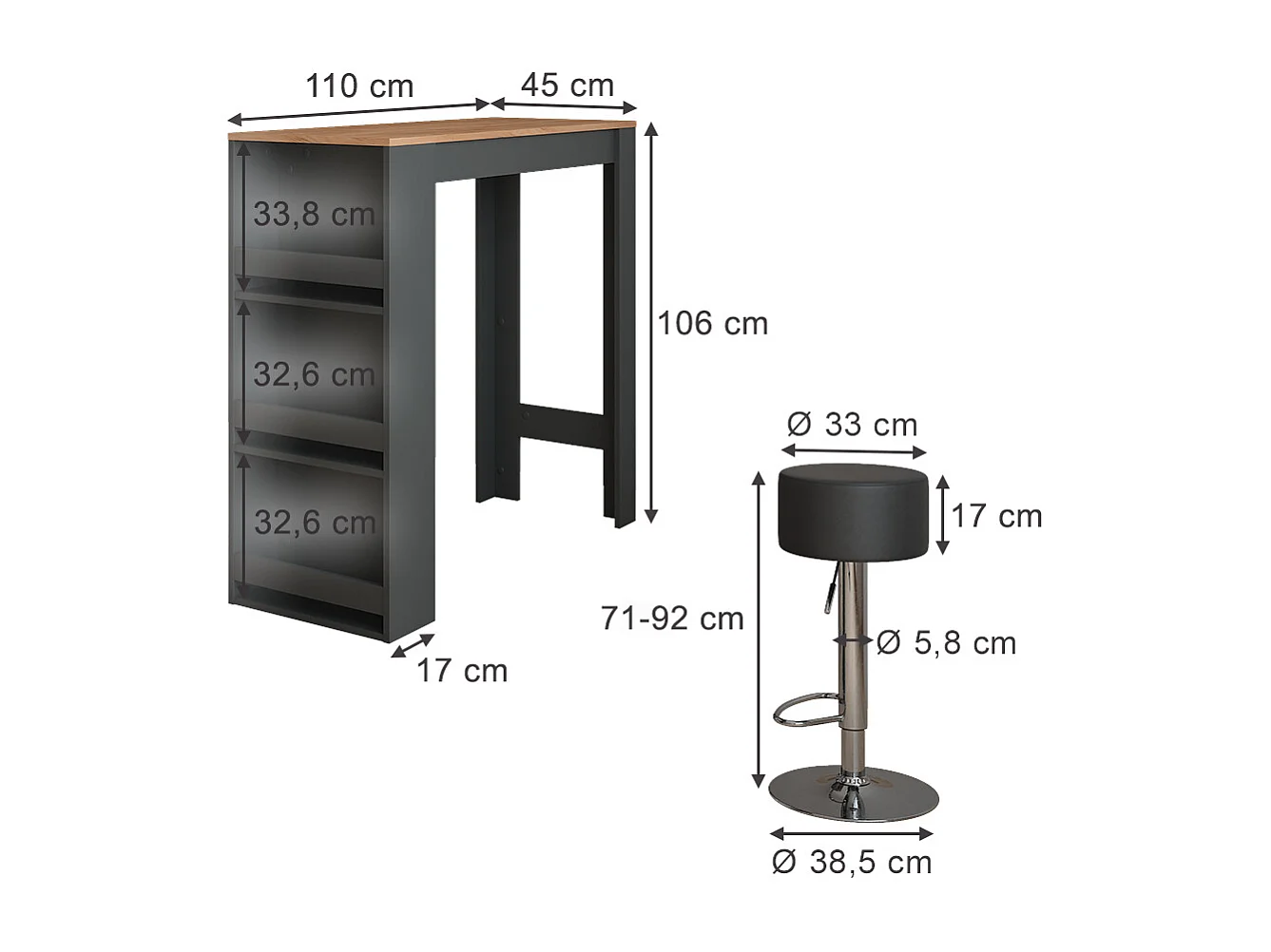 Conjunto de mesa de bar carvalho antracite/goldkraft 45x110x106 repose