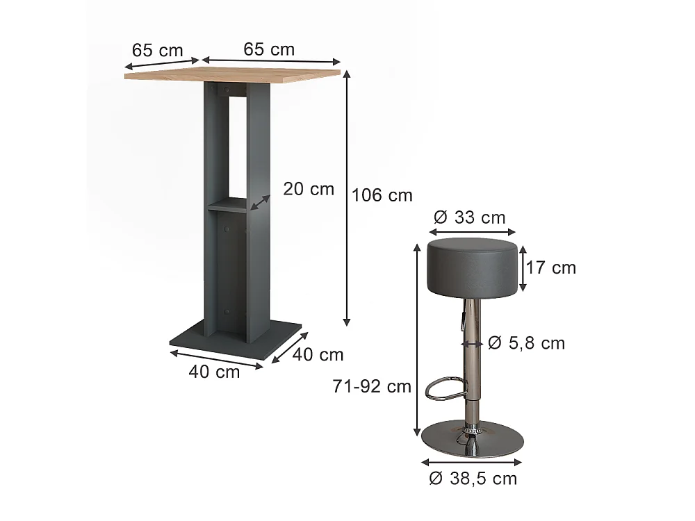 Set de table de bar chêne doré/anthracite 65x65x106 repose