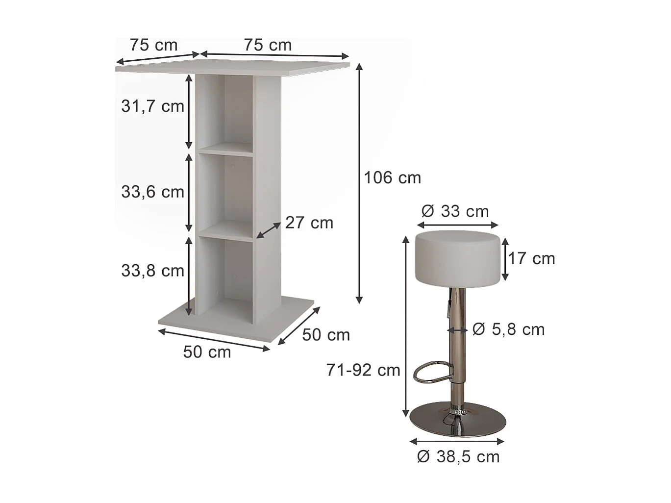 Set de mesa de bar blanco 75x75x106 repose
