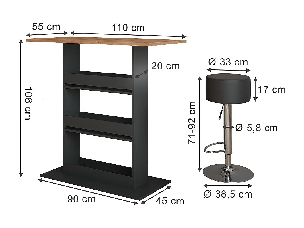 Set de table de bar chêne doré/anthracite 110x55x106 repose