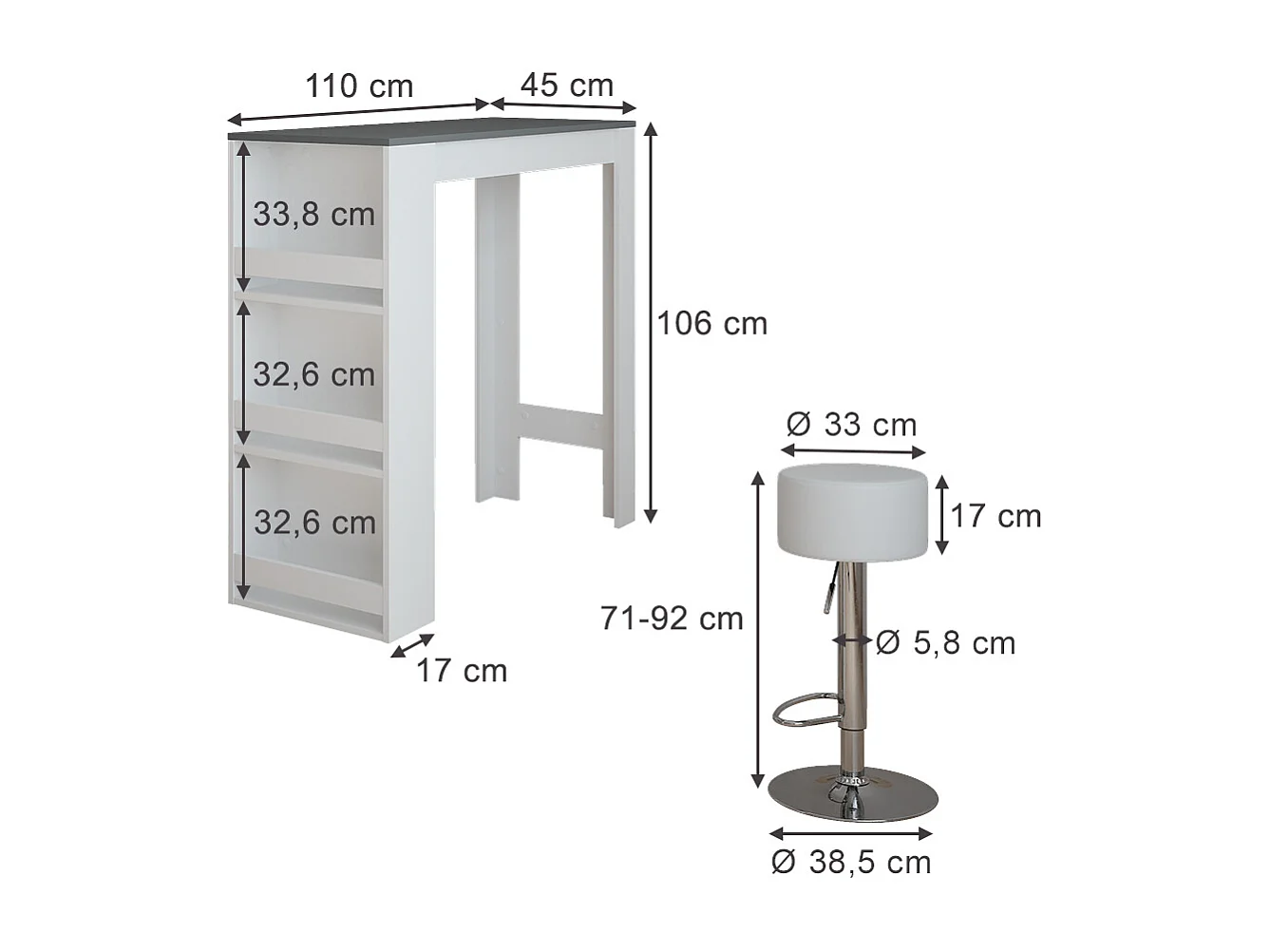 tavolo bar con sgabelli bianco/antracite 45x110x106 repose