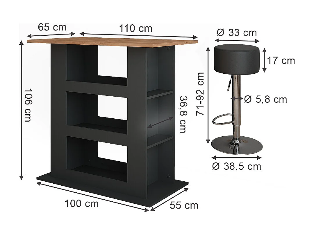 Set de table de bar chêne doré/anthracite 110x65x106 repose