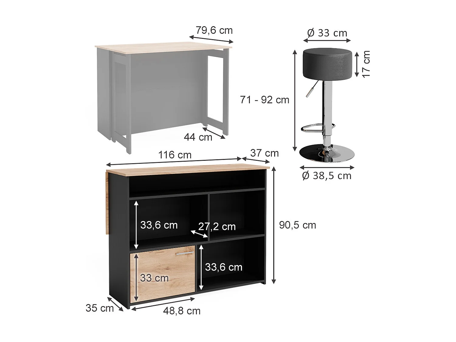 Set di tavoli da bar quercia dorata/antracite 116x37x90.5 dominic