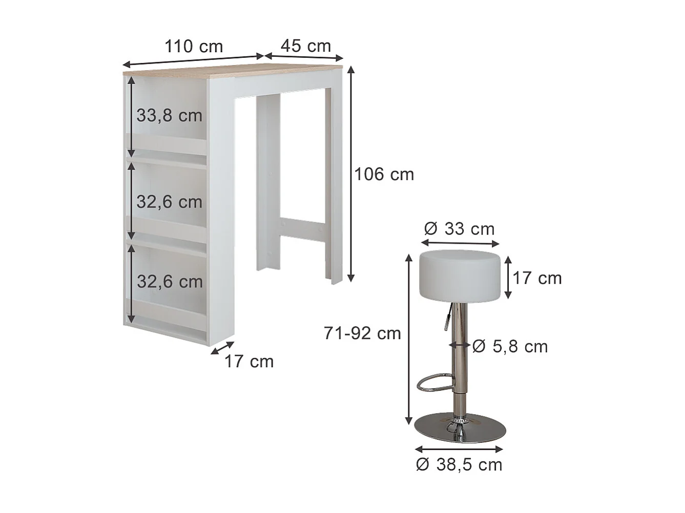 Bar table set white/sonoma 45x110x106 repose