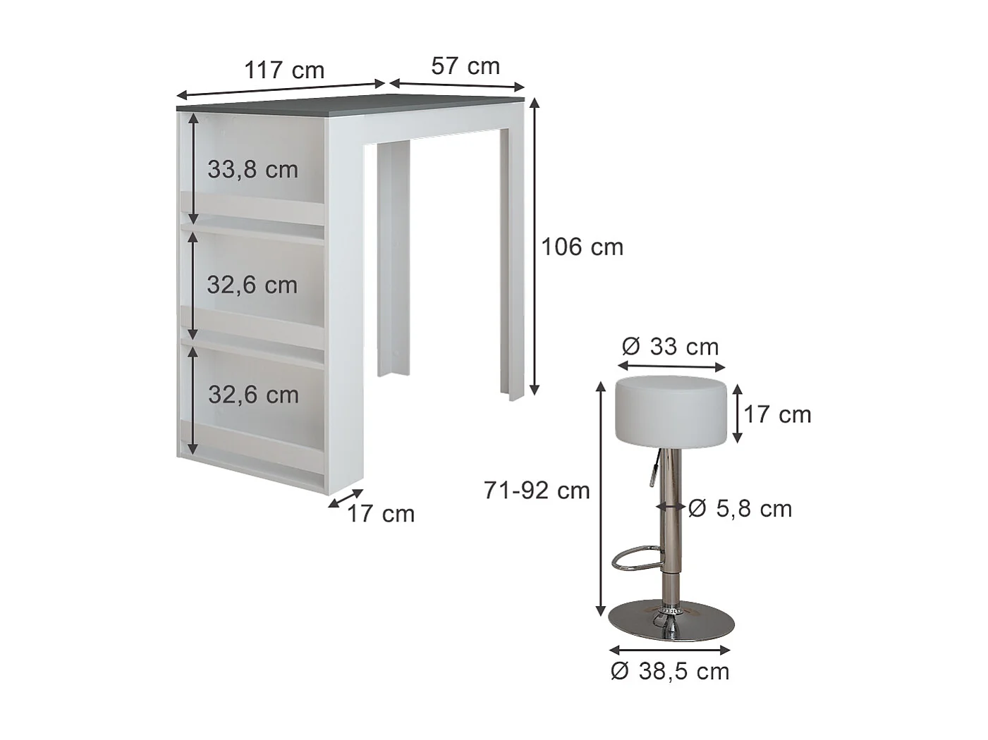tavolo bar con sgabelli bianco/antracite 57x117x106 repose