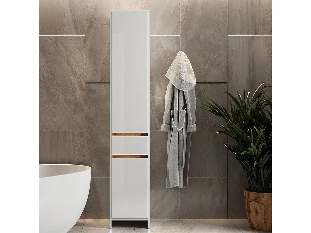 Armoire de salle de bains blanc brillant/chêne doré 35x35x190 detmold