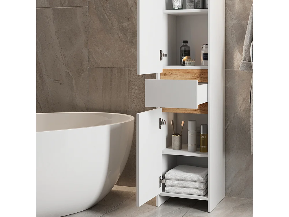 Armoire de salle de bains blanc brillant/chêne doré 35x35x190 detmold