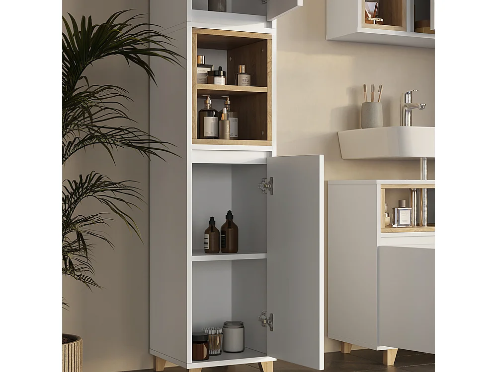 Meuble salle de bain blanc/chêne 30x30x170 elnor