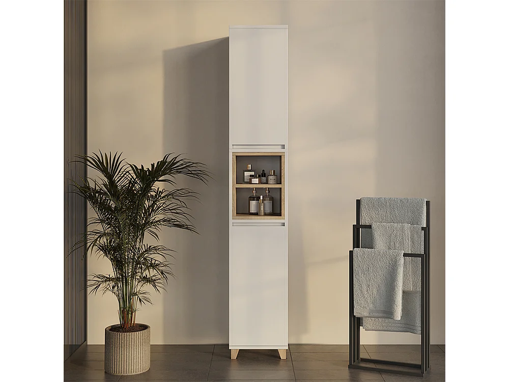 Meuble salle de bain blanc/chêne 30x30x170 elnor