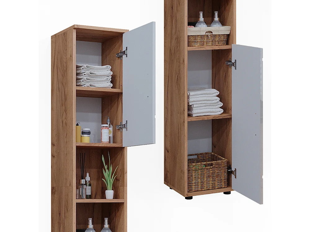 Badschrank weiß hochglanz/goldkraft eiche 30x30x192 irma