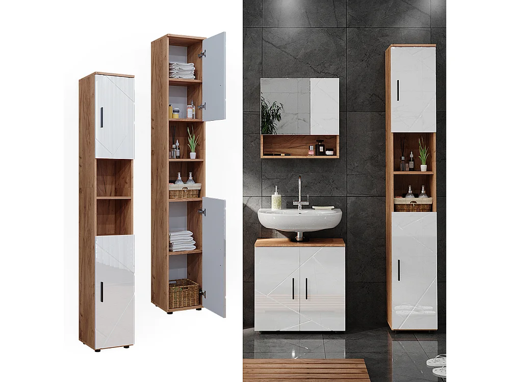 Meuble salle de bain blanc brillant/chêne doré 30x30x192 irma