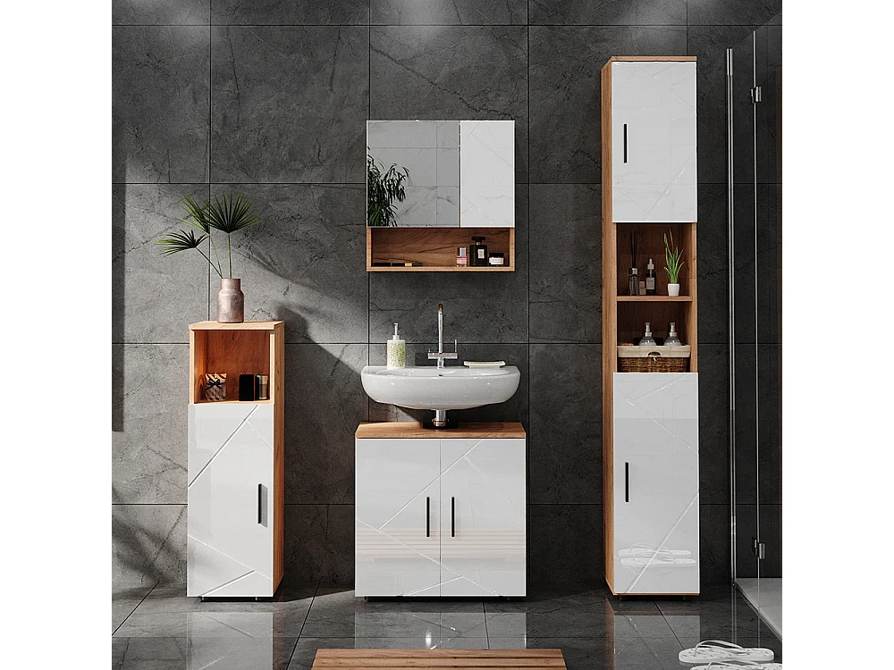 Meuble salle de bain blanc brillant/chêne doré 30x30x192 irma