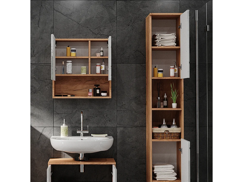 Meuble salle de bain blanc brillant/chêne doré 30x30x192 irma