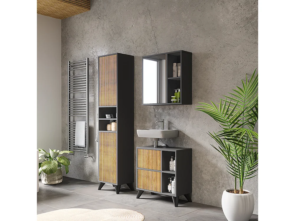 Armoire de salle de bain anthracite/chêne de montagne 38x30x180 leano