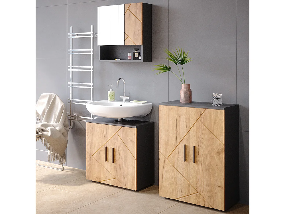 Meuble salle de bain anthracite/chêne doré 60x30x81 irma