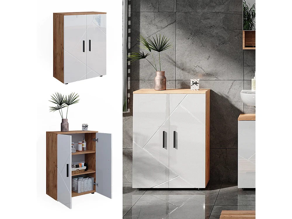 Meuble salle de bain blanc brillant/chêne doré 60x30x81 irma