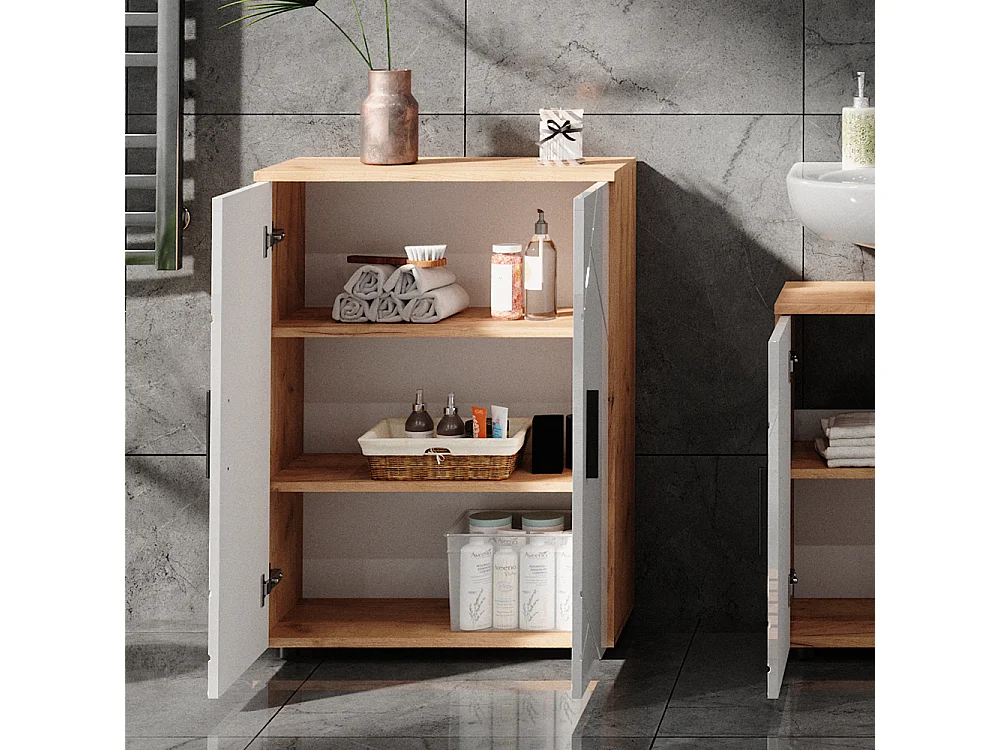 Meuble salle de bain blanc brillant/chêne doré 60x30x81 irma